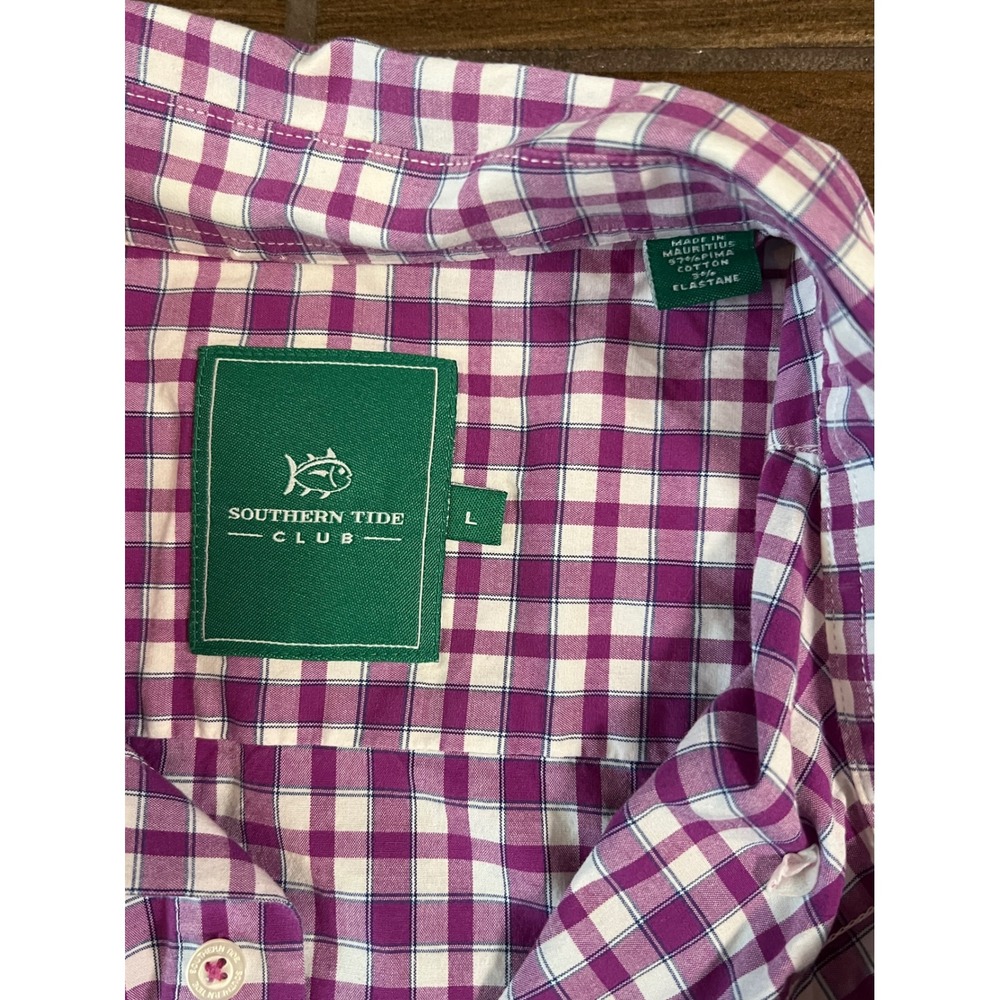 Southern Tide Club Mens Large Purple Gingham Pima Cotton Stretch Button Down - Picture 4 of 5
